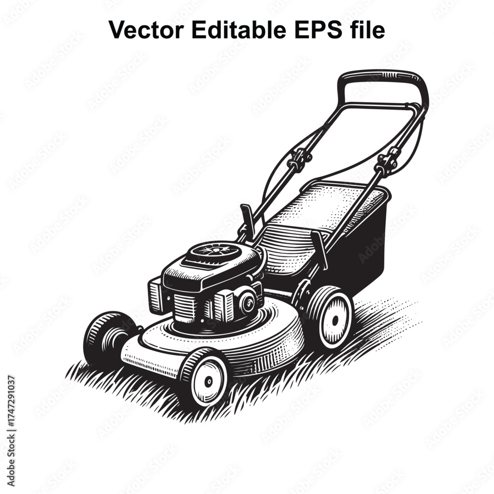 Fototapeta premium Vector art of a black and white illustration of a lawn mower with a grass catcher