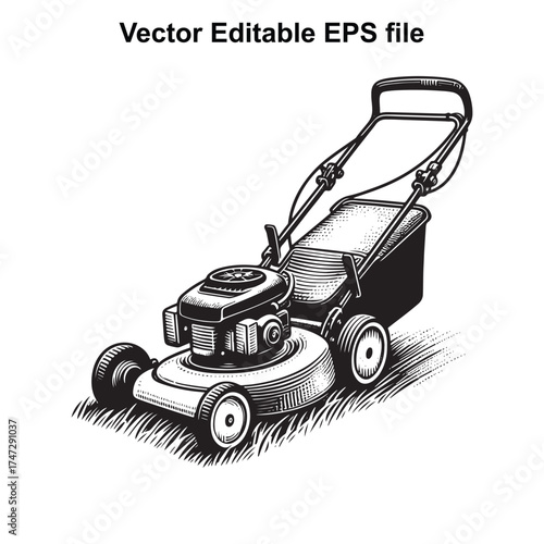 Vector art of a black and white illustration of a lawn mower with a grass catcher