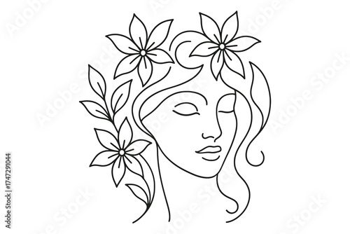 Elegant minimalist line art of a woman s face adorned with delicate flowers and leaves