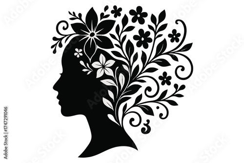 Silhouette of a woman s profile with hair transforming into blooming flowers and leaves