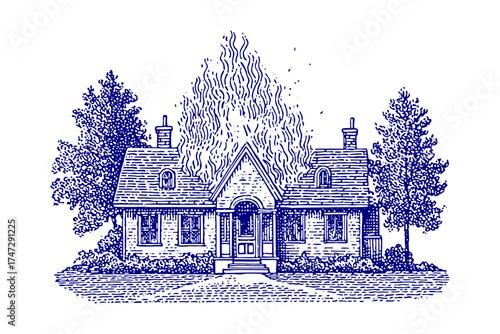 House on Fire Illustration. Vintage woodcut engraving linocut vector illustration.