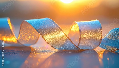 Elegant, flowing ribbon gracefully curves in a serene, golden-hued, soft-focus scene, enhanced by a warm, radiant backlight that creates a glowing and shimmering effect, perfect for themes of...