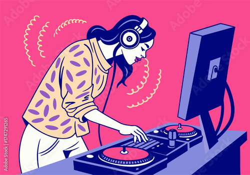 Female DJ Mixing Music on Turntables with Headphones against Pink Background Illustration