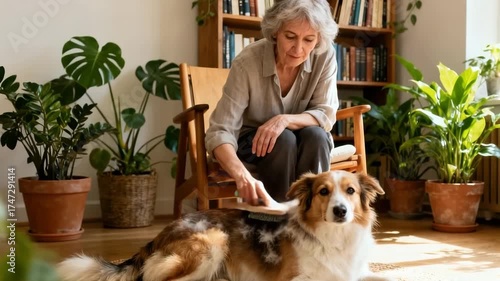 Senior woman brushing a large dog in cozy room with houseplants and wooden furniture. 4K video