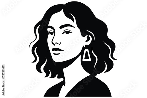 Stylized black and white portrait of a young woman with wavy hair and geometric earrings