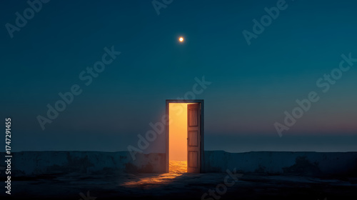 Open door glowing with warm light under moonlit sky in minimal surreal landscape