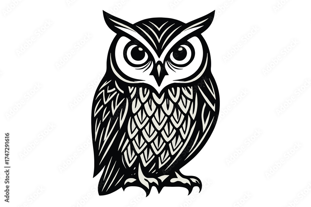Fototapeta premium Detailed black and white linocut illustration of a wise owl perched and looking forward