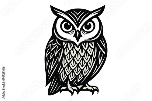 Detailed black and white linocut illustration of a wise owl perched and looking forward
