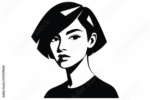 Stylized black and white portrait of a young woman with short hair and intense gaze