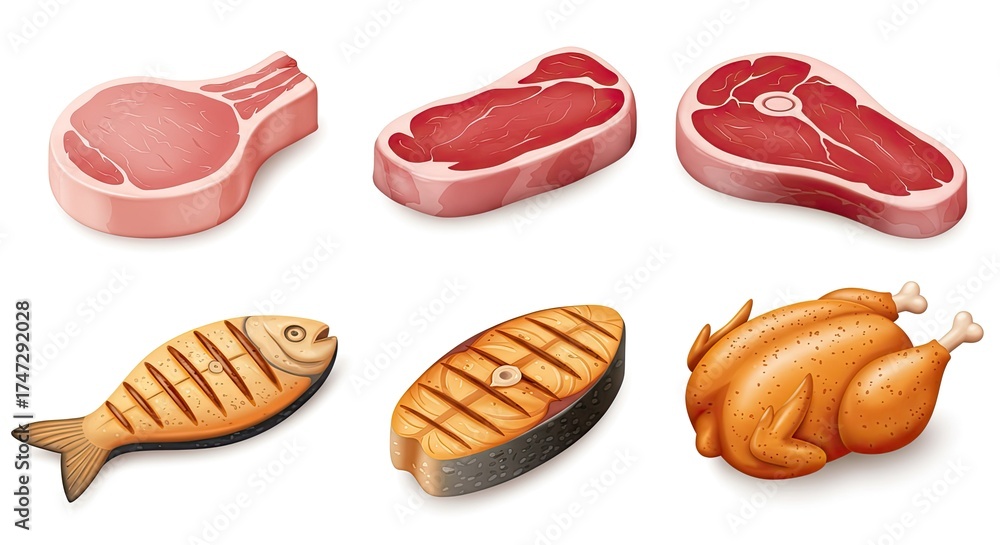 Fototapeta premium Collection of Different Meat and Seafood Cuts Illustration for Culinary and Nutritional Concepts