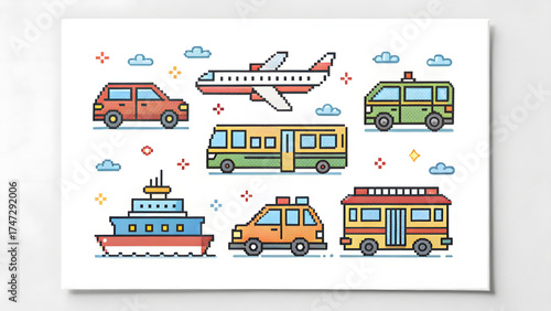 Tiny Pixel Vehicles Asset Pack on White Background car, truck, bus, airplane, boat, train – colorful pixel style, simple forms
