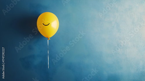A single yellow balloon with a cheerful smile drifts against a smooth blue backdrop, symbolizing happiness, optimism, and carefree joy
