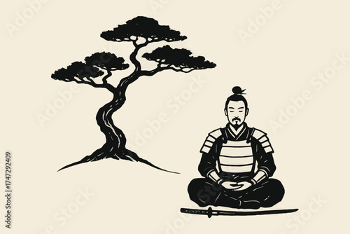 Samurai warrior meditating peacefully beside a traditional japanese bonsai tree with a sword