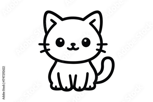 Cute hand drawn black and white kawaii cat sitting with big eyes and tail