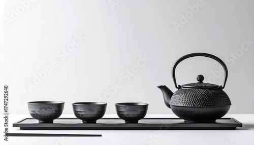 Elegant composition presents a black cast iron teapot alongside three matching tea bowls arranged on a tray, with chopsticks in the front, captured against a plain, neutral, white background.