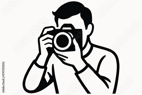 Man holding a camera and taking a photo in a simple line art illustration style