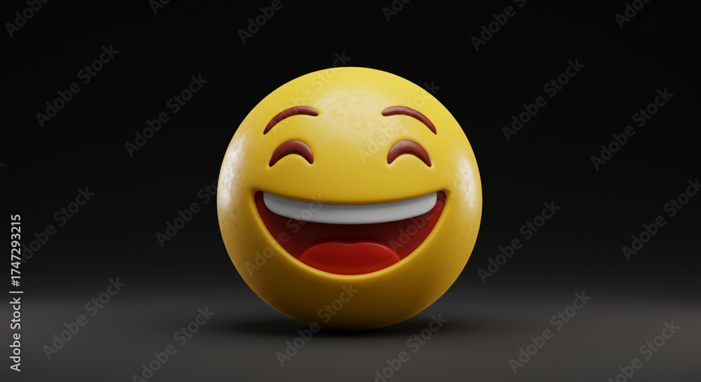 Fototapeta premium Yellow Smiling Emoji Showing Teeth with Closed Eyes Against Black Background