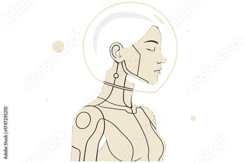 Minimalist illustration of a woman in a futuristic astronaut helmet looking into the distance