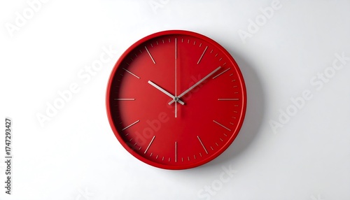Free Download A round red wall clock with silver-toned hands, displayed against a plain white background, evokes a sense of time and simplicity. - GFXLoad