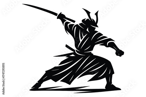 Dynamic silhouette of a samurai warrior in action with sword raised