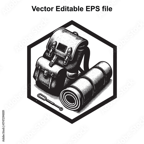 Vector art of a black and white illustration of a backpack and rolled sleeping bag, , with a vector editable eps file label