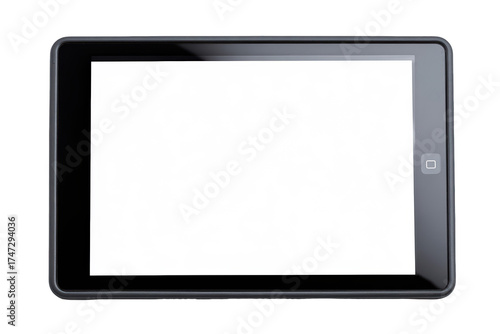 A modern black tablet computer with a blank white screen for copy space isolated on a black background, isolated on transparent background, perfect cutout, PNG