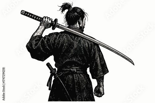 Mysterious samurai warrior holding katana sword over shoulder in dramatic black and white illustration
