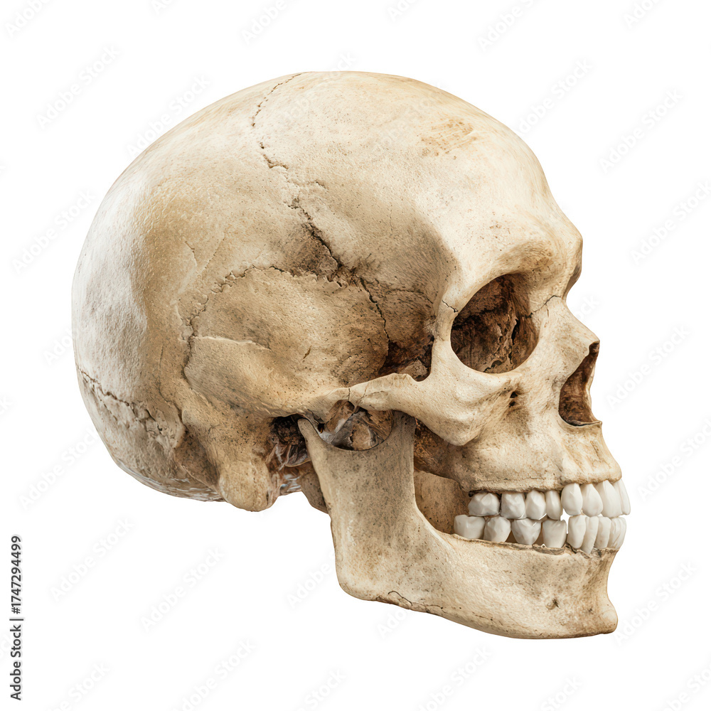 Obraz premium A realistic human skull in a side profile view with a full set of teeth isolated on a plain black background, isolated on transparent background, perfect cutout, PNG