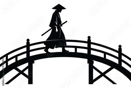 Silhouette of a lone samurai warrior walking across a traditional japanese bridge carrying a sword