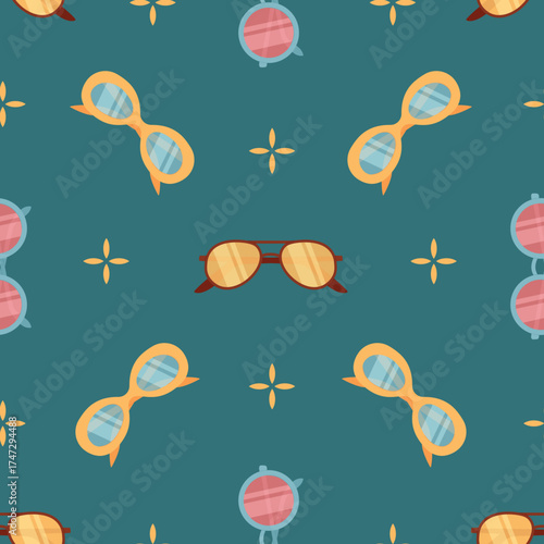 Flat seamless pattern with sunscreen bottle shape, sunglasses, tube, and sunblock. Seamless pattern background with lotion, cream, SPF detail. Summer cosmetic care, decorative sun protection flat