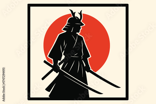 Silhouette of a japanese samurai warrior standing with swords against a red sun