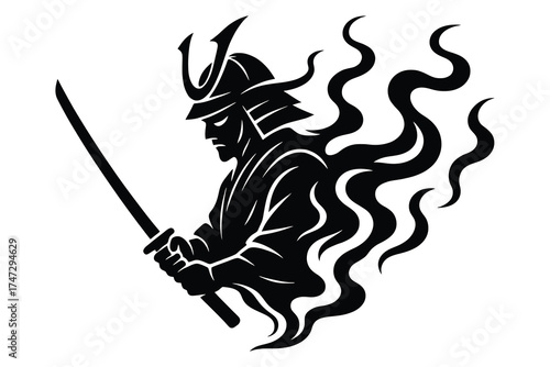 Silhouette of a fierce samurai warrior holding a sword with fiery energy emanating from his back