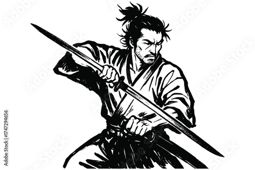 Dynamic ink sketch of a fierce samurai warrior in action holding a spear