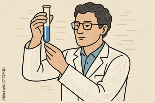 Scientist wearing glasses and lab coat examines liquid in a test tube during research experiment