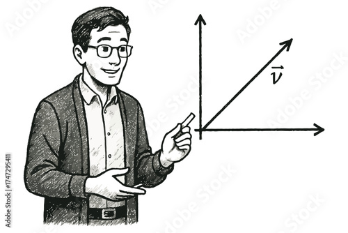 Friendly male teacher explaining vector mathematics with a diagram on a whiteboard