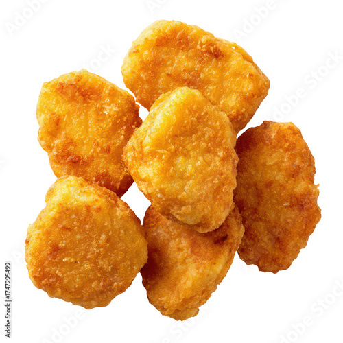 A delicious pile of crispy golden fried chicken nuggets shown from an overhead perspective against a black background, isolated on transparent background, perfect cutout, PNG
