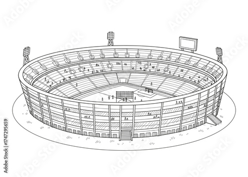  line art of a sports stadium with people and field