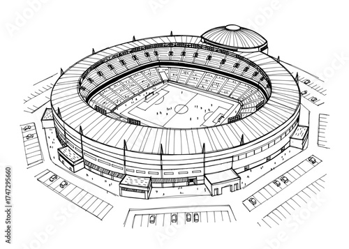 Hand-drawn illustration of a match on a football stadium 