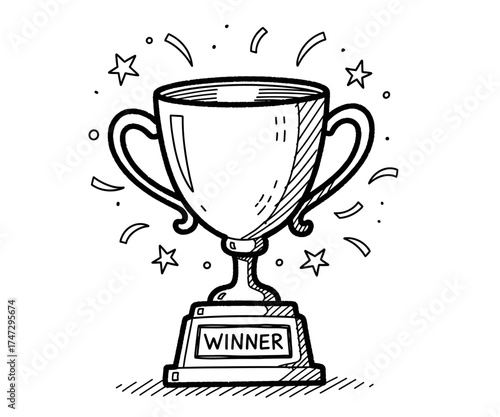  line art of a trophy with winner text and confetti