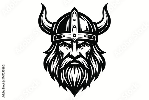 Fierce viking warrior with horned helmet and long beard in black and white illustration