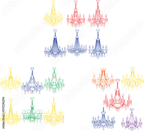 Colorful ornate chandeliers with candle lights decorative