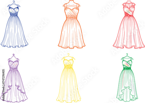 Six colorful dresses on hangers gown blue