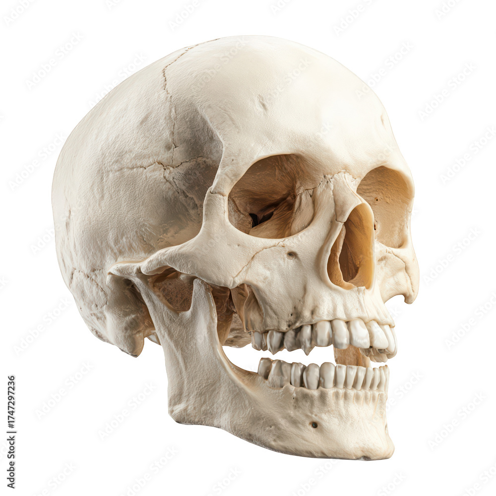 Obraz premium A realistic human skull viewed from a three quarter angle showing detailed anatomical structures like the eye socket jaw and teeth set against a solid black background