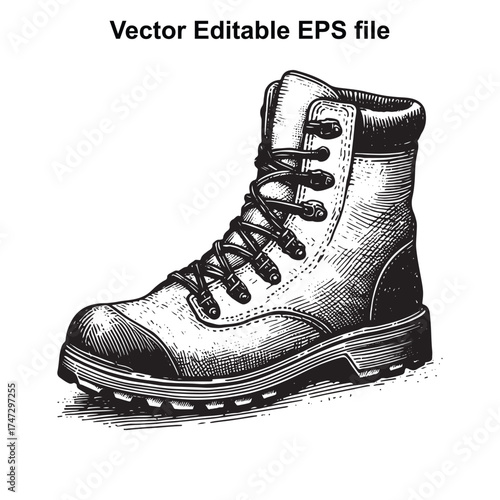 Vector art of vintage style black and white illustration of a sturdy work boot with laces