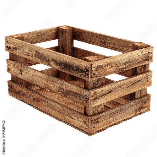 An empty rustic wooden crate isolated on a black background shows off its weathered texture and dark wood grain, isolated on transparent background, perfect cutout, PNG