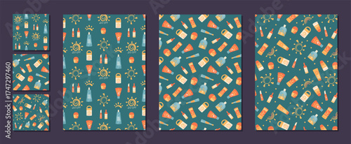 Flat seamless pattern shows sunscreen bottle, tube and cream shapes on background. Sunblock and spf lotion create two flat summer motif, cosmetic care visual with sun element, perfect for health skin