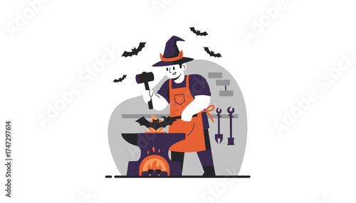 Man in witch hat blacksmithing a bat creating Halloween decor with bats flying