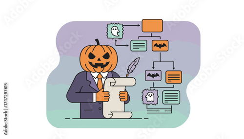 Pumpkin head in suit with flowchart scroll and quill planning Halloween business strategy