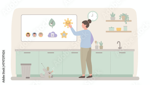 Woman organizing smart home chores in a modern kitchen symbolizing efficient daily life management