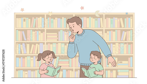 Adult teaches children quiet reading in library fostering education and respectful learning